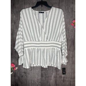 NEW INC Plus Size Striped Smocked-Waist Top